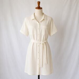 Weatherproof Vintage White Cotton Shirt Dress Belted Size L Gauze Midi